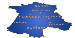 Carte de France - Implantations Solaire Plus - Agen - Castres - Limoges - Moulins - Nancy - Orange - Valence